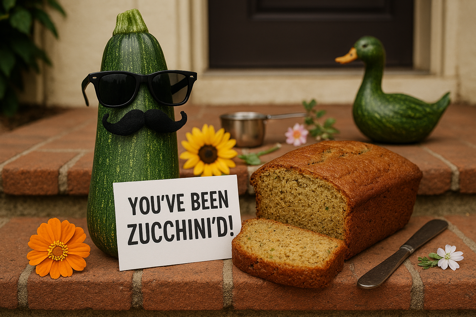 An image of a zucchini wearing sunglasses and a moustach with a sign that says "You've been zucchini'd!"
